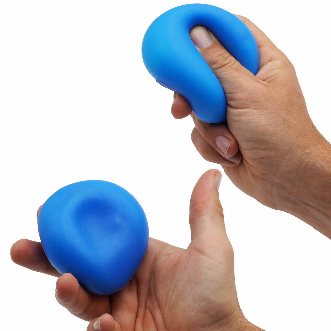 picture of 2 hand with both holding a blue sensory squishy ball. One ball is being squished and the other one was squished and is still deformed.