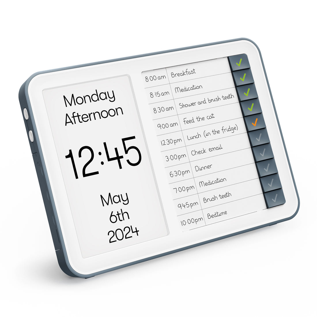 Day Hub dementia daily task reminder clock with task completion buttons