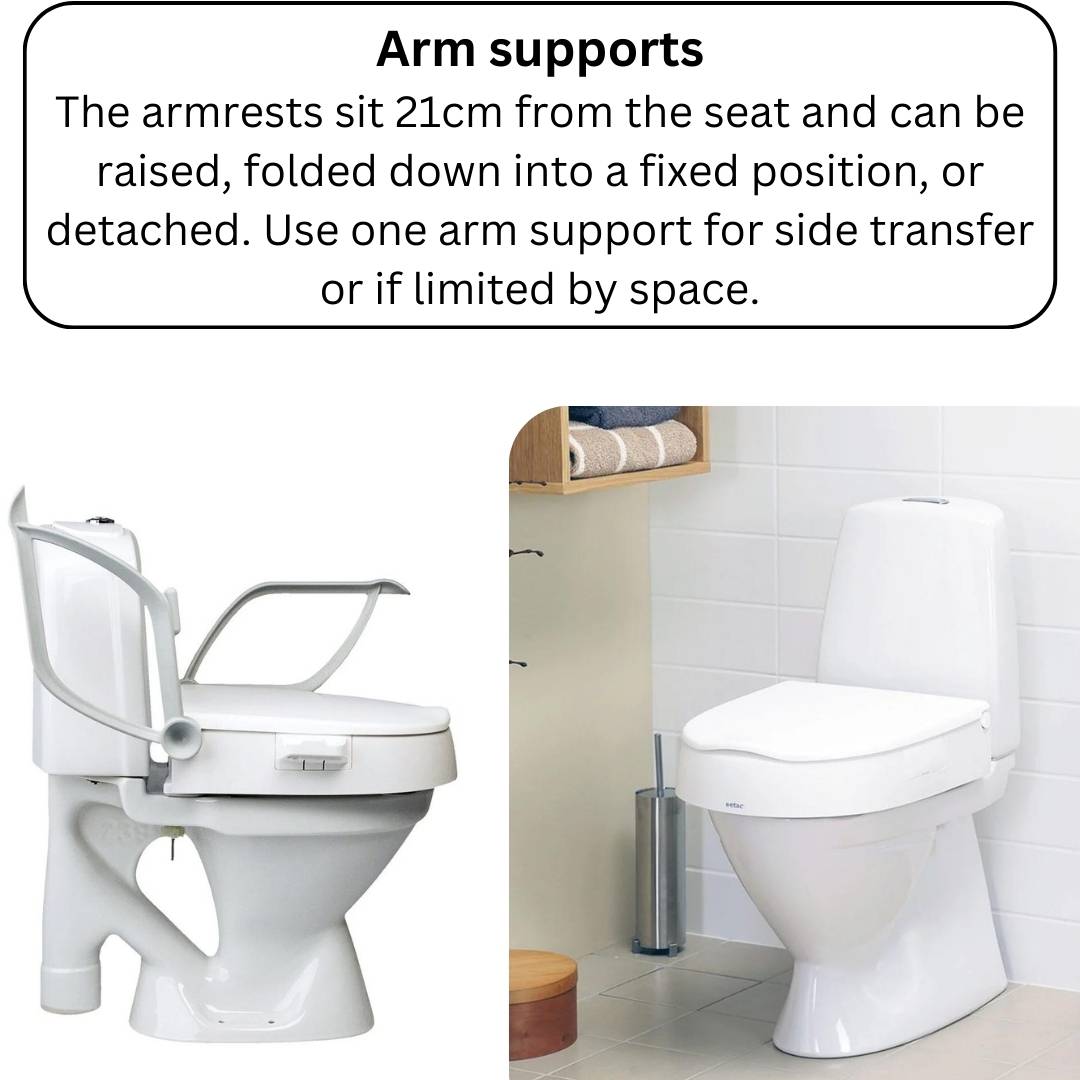 Etac Cloo adjustable height toilet seat raiser foldable and detachable arm supports