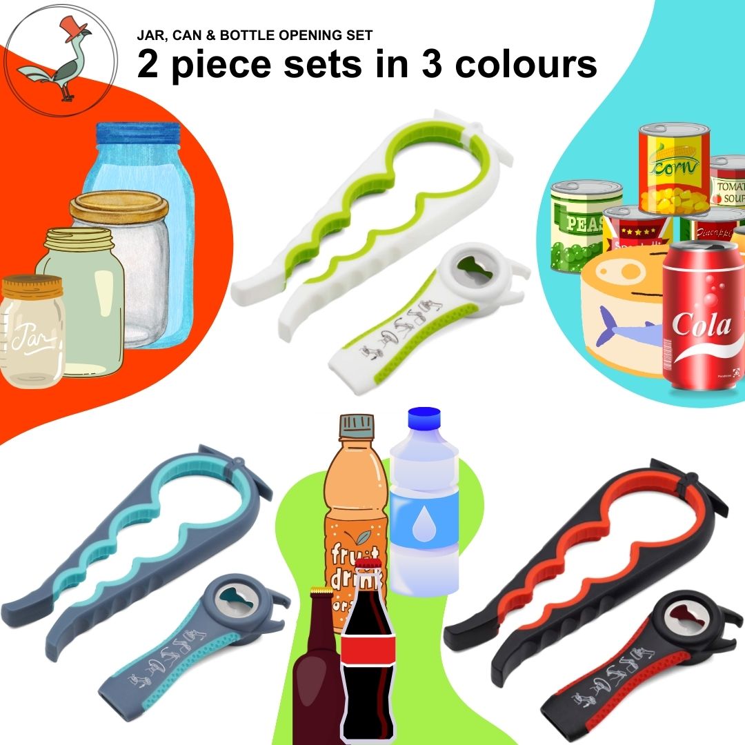 jar, can and bottle opener set with 3 colour options