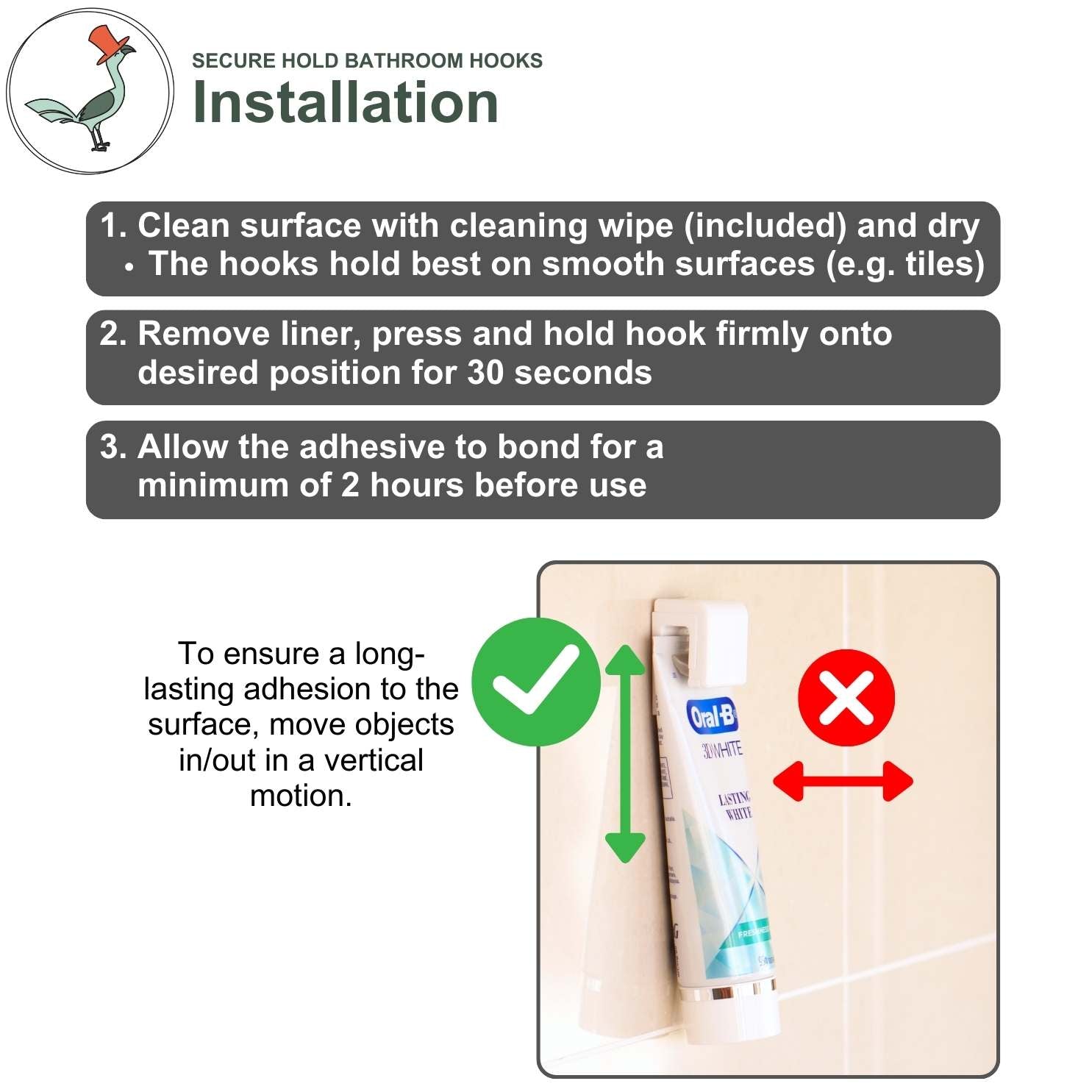 Installation instructions of the bathroom hooks