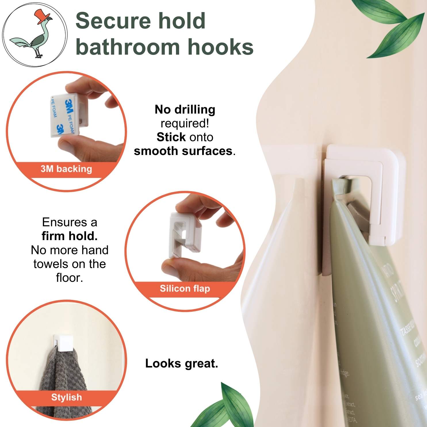details of the secure hold bathroom hooks