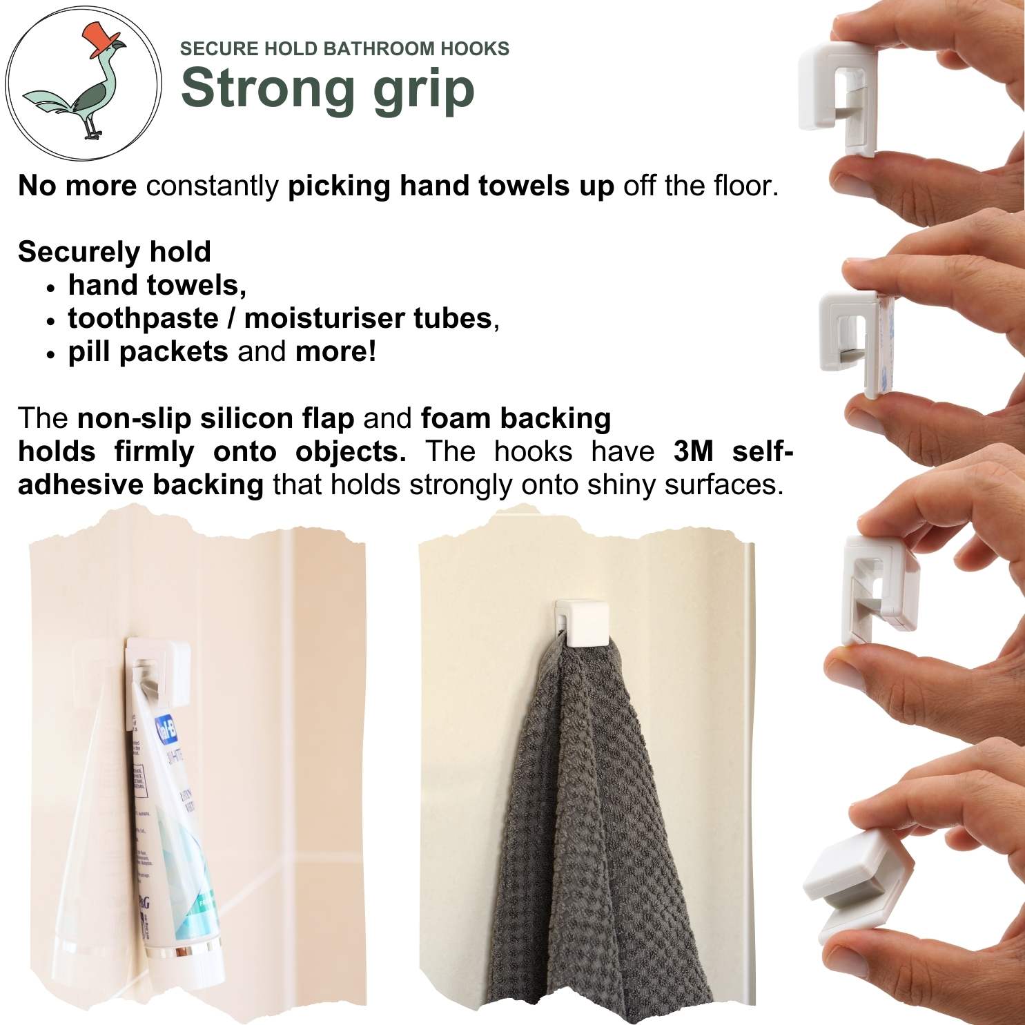 explanation of the strong grip of the bathroom hooks and pictures of different angles of the hooks