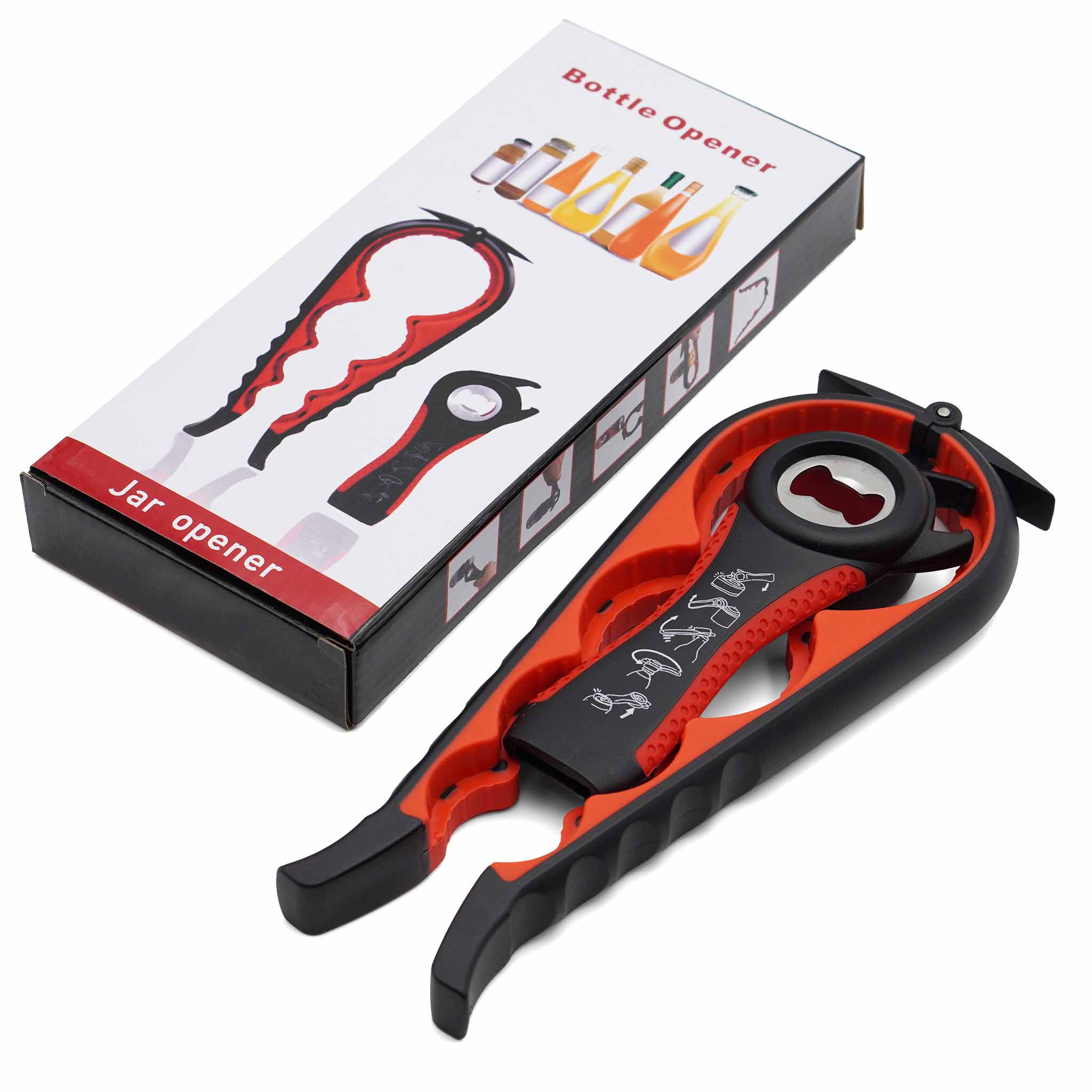 red bottle, jar and can opener with box