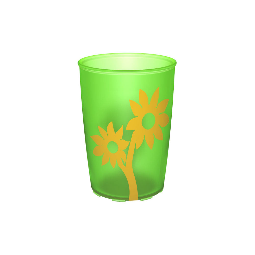 green plastic cup with non slip flower motives