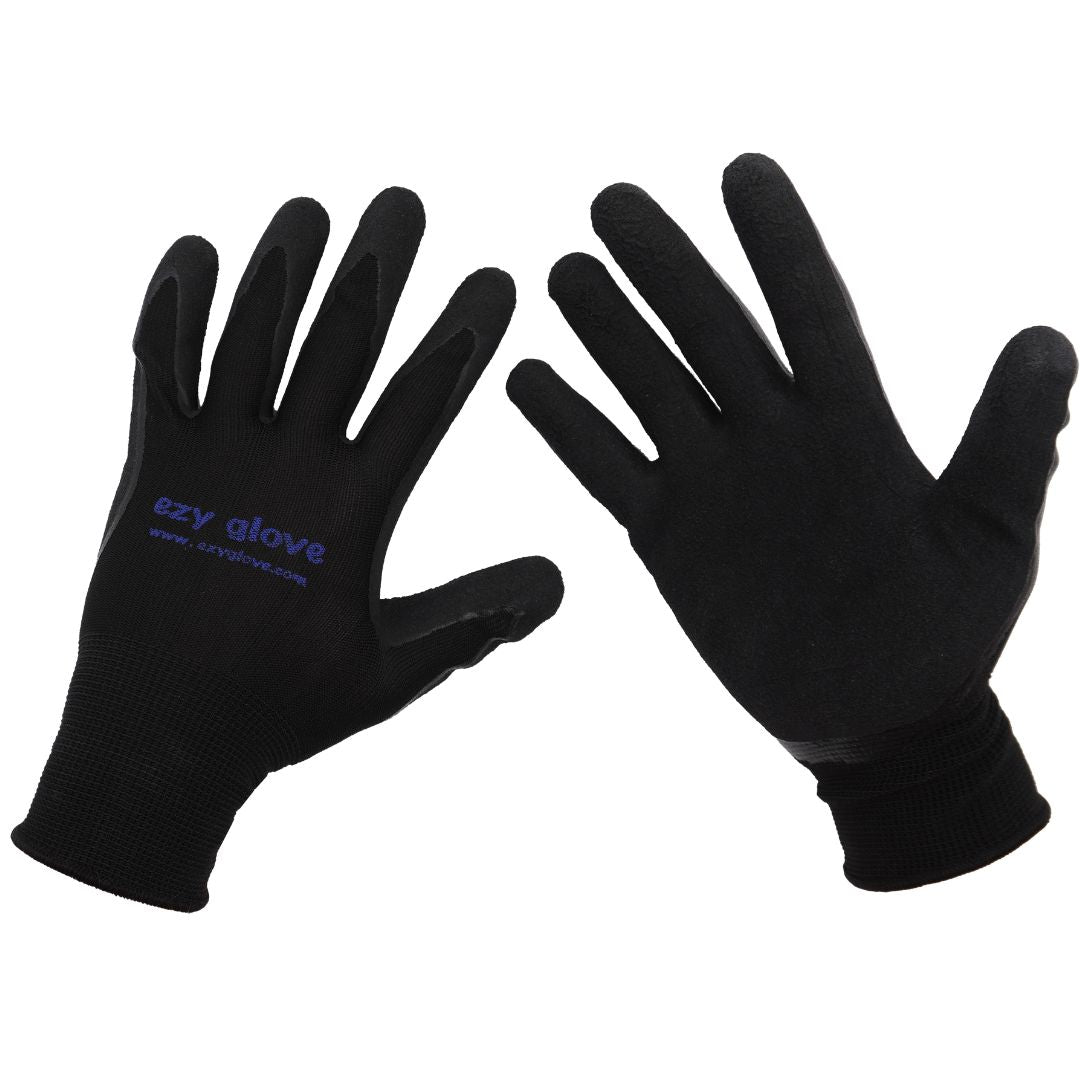 Ezy compression stocking gloves in black small showing the top and palm of the gloves.