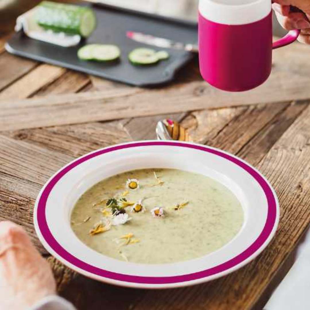 person eating and drinking using ORNAMIN tableware