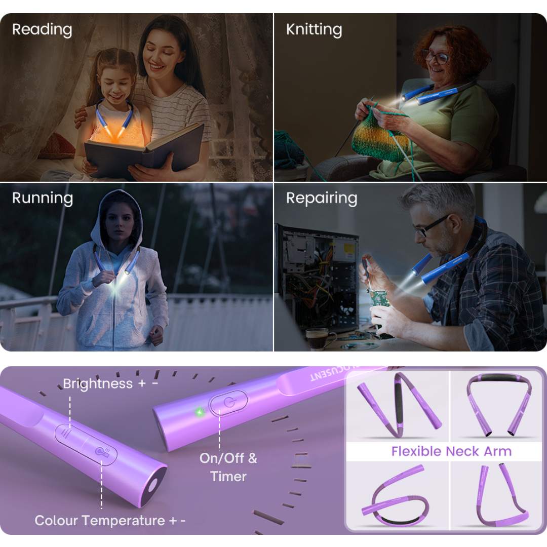 people using the neck light for reading, knitting, running and repairing