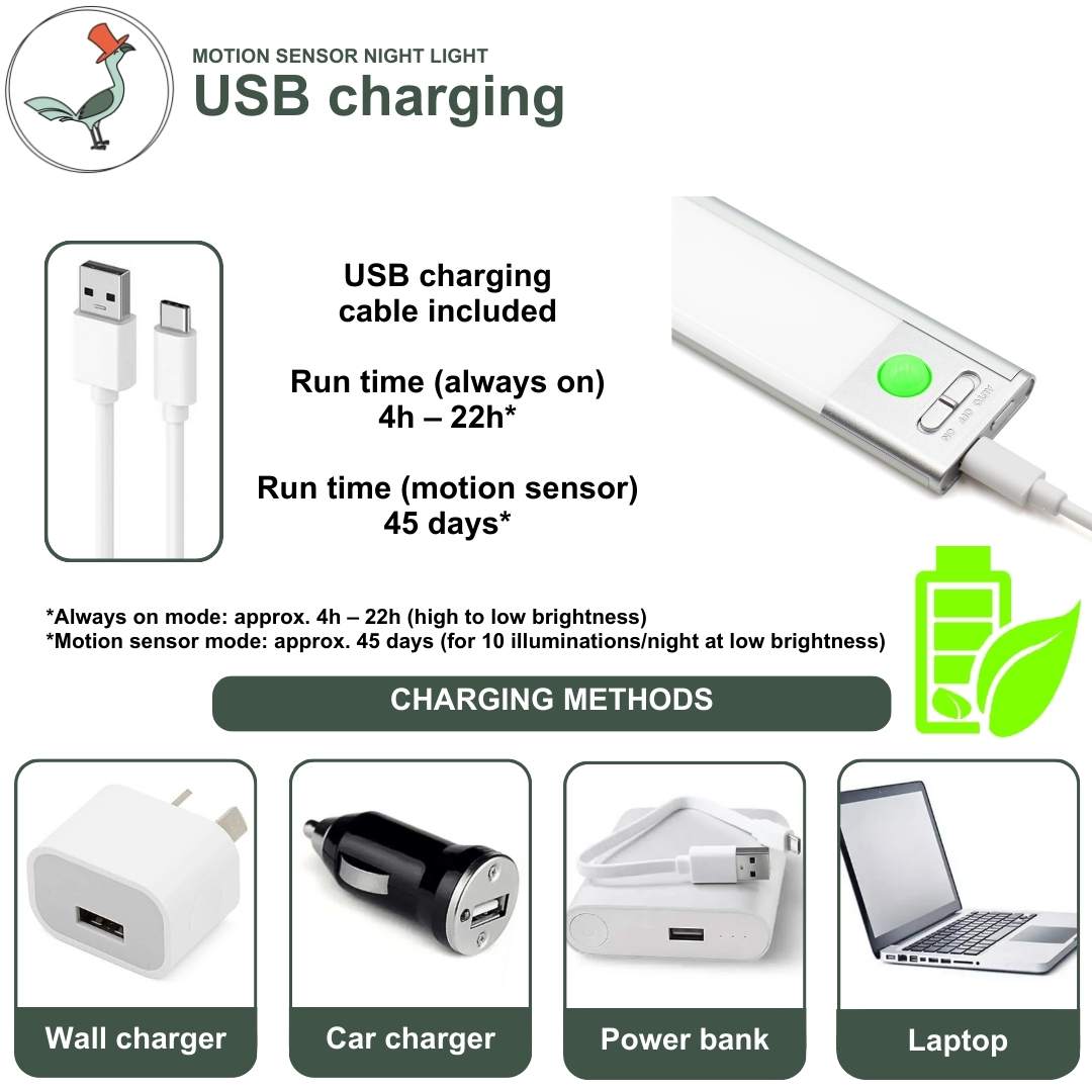 Motion sensor nicht light USB charging overview