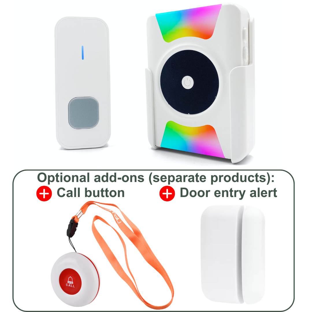 portable vibrating doorbell inclusive push button. Optional add-ons: Caregiver call button and door entry alert
