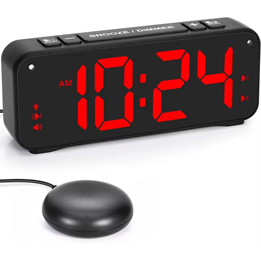 black shaker alarm clock with black shaker pad