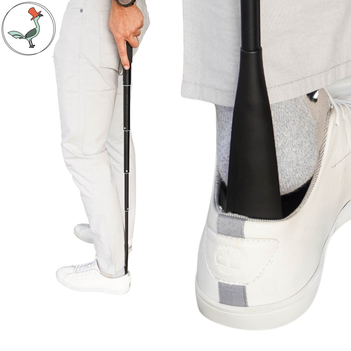 person using the travel shoe horn while standing