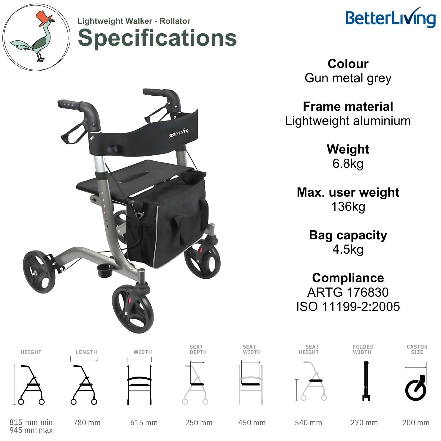 Specifications of the BetterLiving Euro Wheeled walker - Rollator
