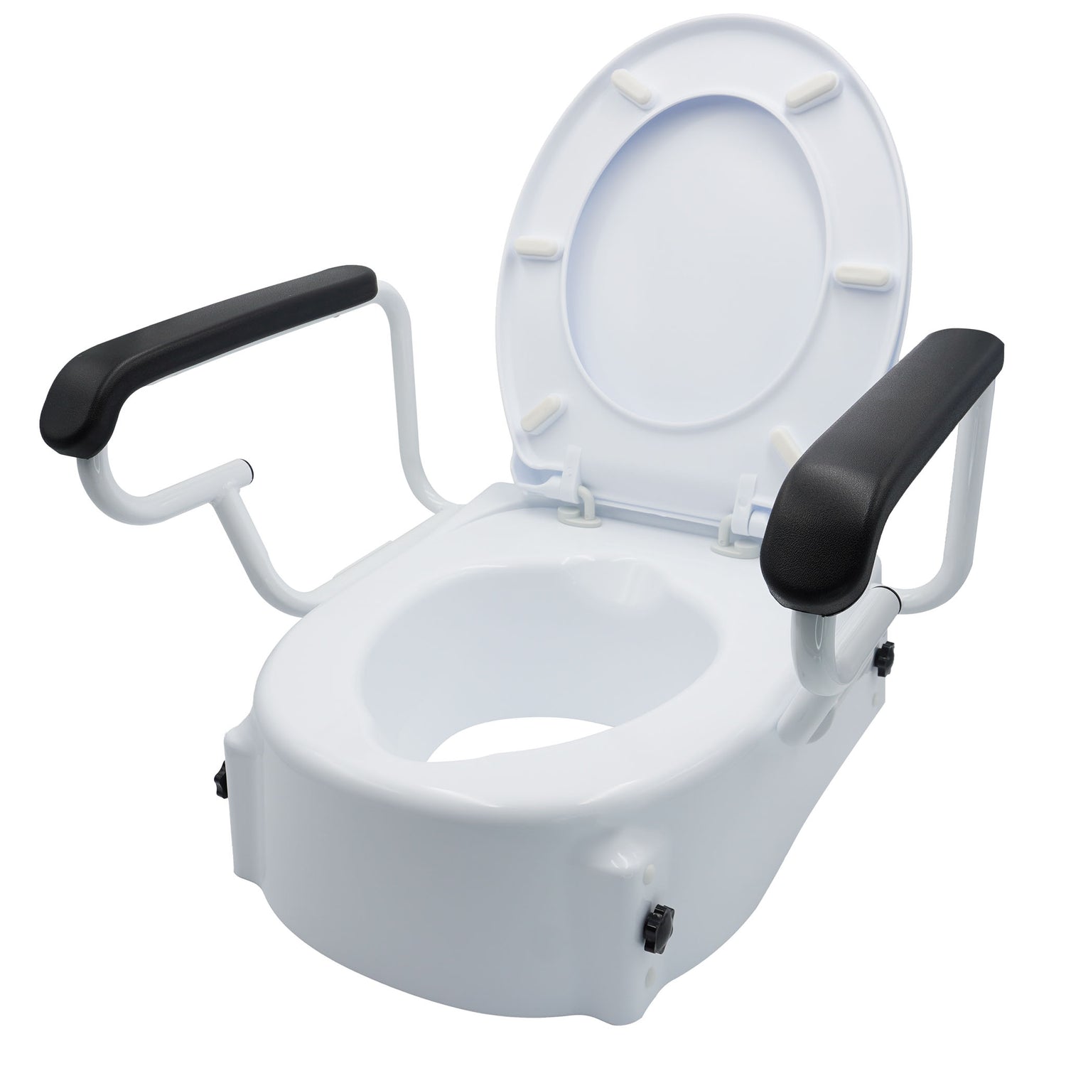 Toilet seat raiser front view with lid and seat up