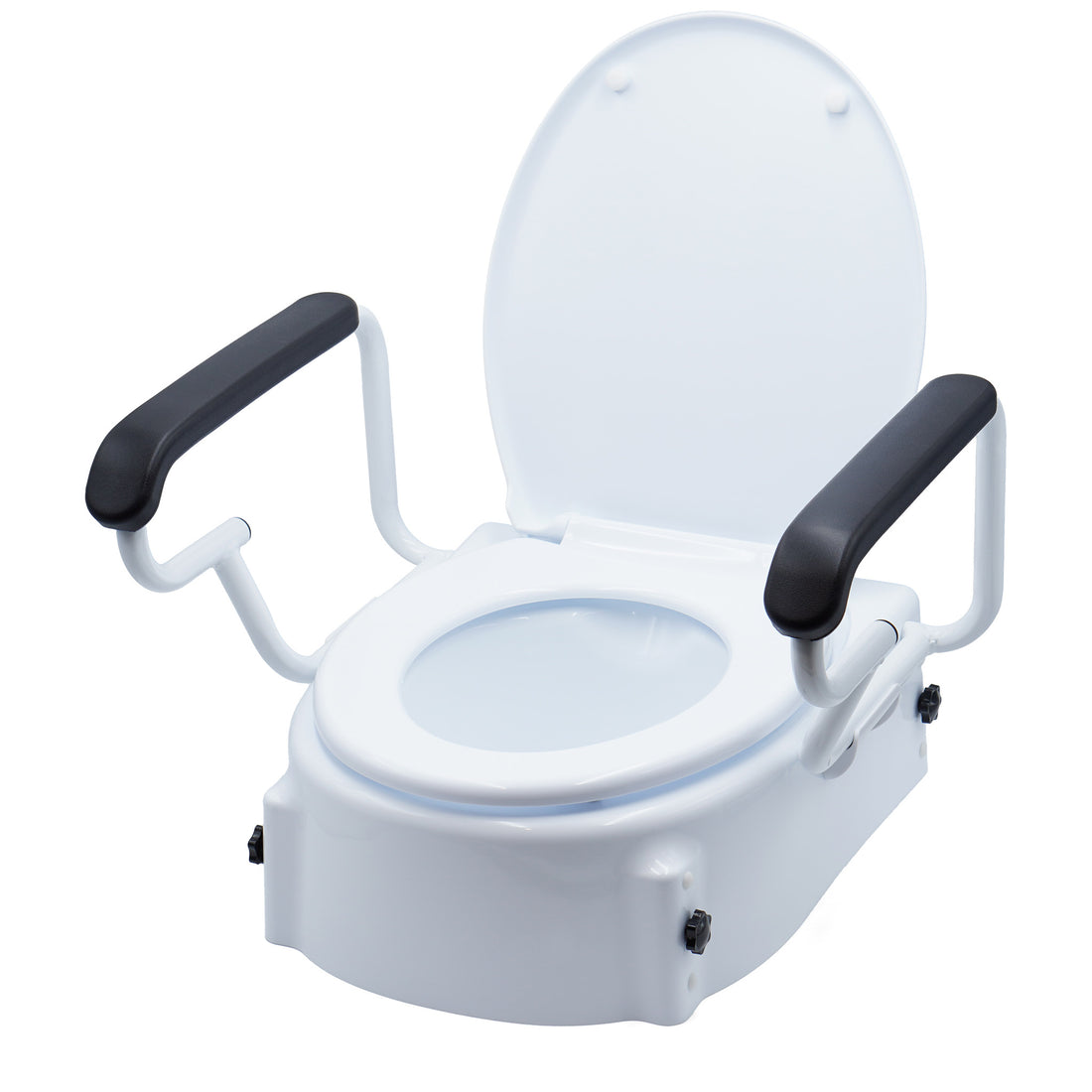 Toilet seat raiser front view with lid up