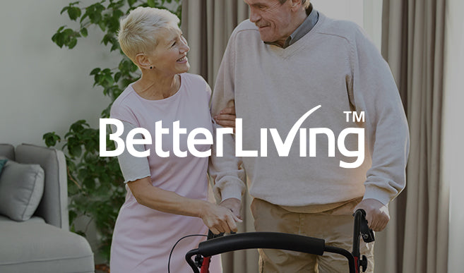 BetterLiving brand image carer supporting a person using a walker