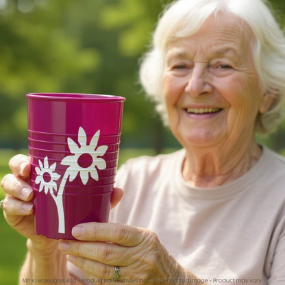 Woman holding the plastic cup with grip in blackberry