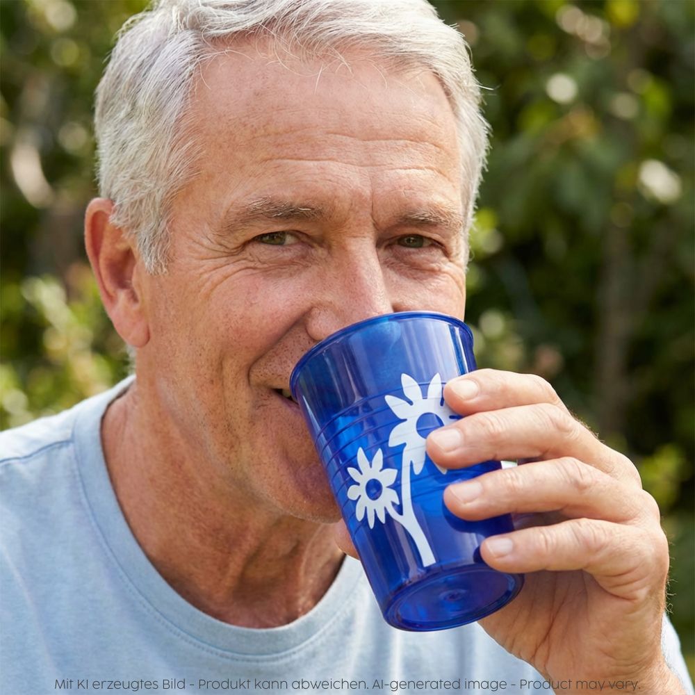 Man drinking out of the plastic cup with grip in blue 