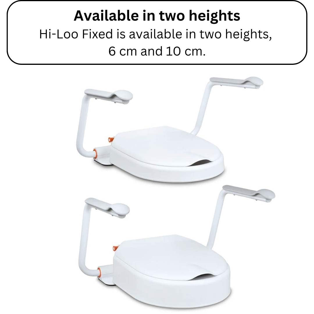 Etac Hi-Loo toilet seat raiser with armrests in two heights 6 cm and 10 cm