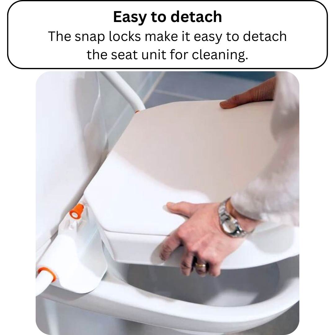 Person showing how to detach the seat unit from the toilet seat raiser