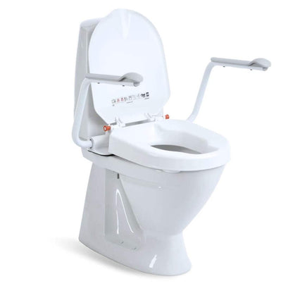 Etac Hi-Loo toilet seat raiser with armrests mounted on toilet with lip open