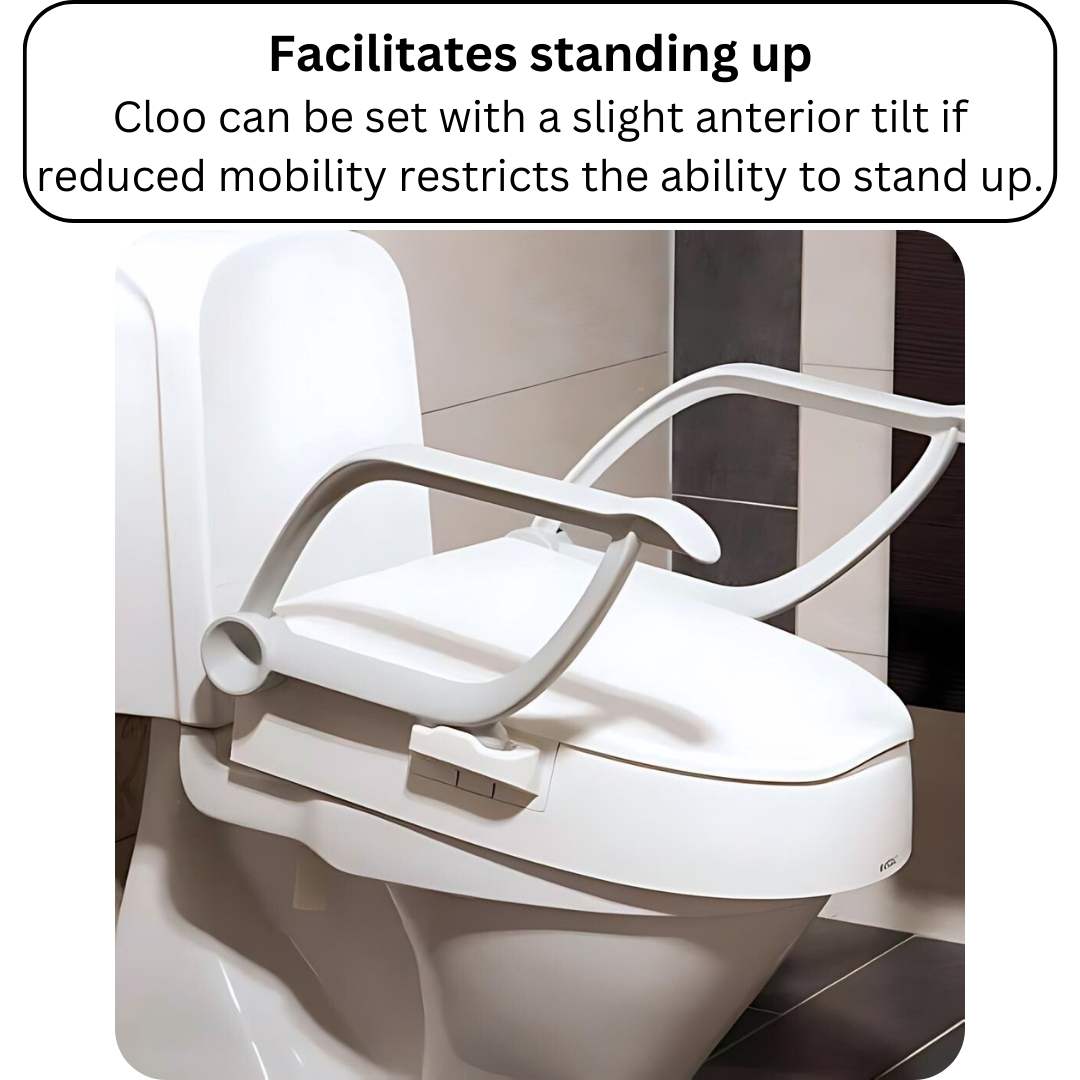 Etac Cloo adjustable height toilet seat raiser explanation of anterior tilt function