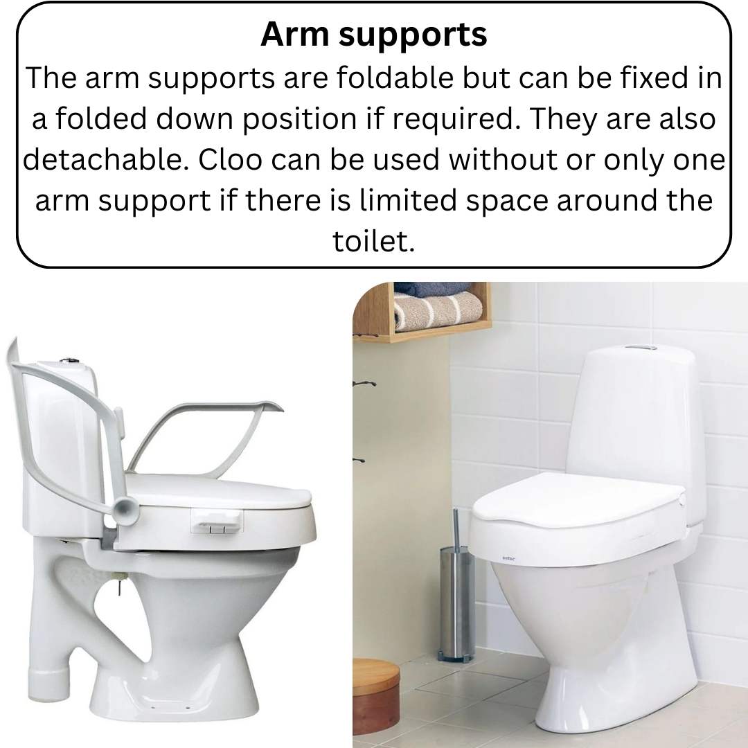 Etac Cloo adjustable height toilet seat raiser foldable and detachable arm supports