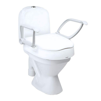 Etac Cloo adjustable height toilet seat raiser mounted on toilet with lid closed