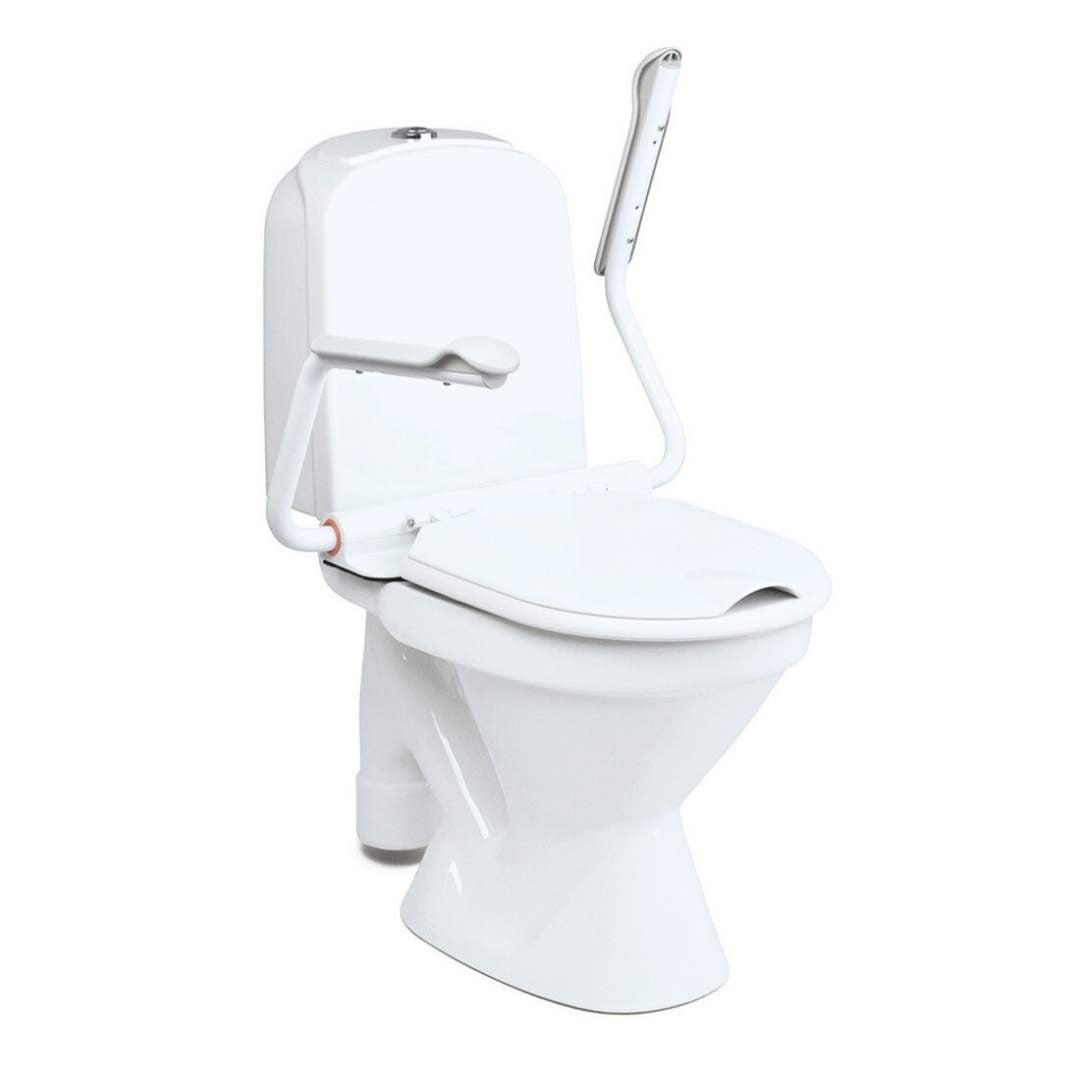 Etac supporter toilet seat with armrests mounted on toilet with one armrest up