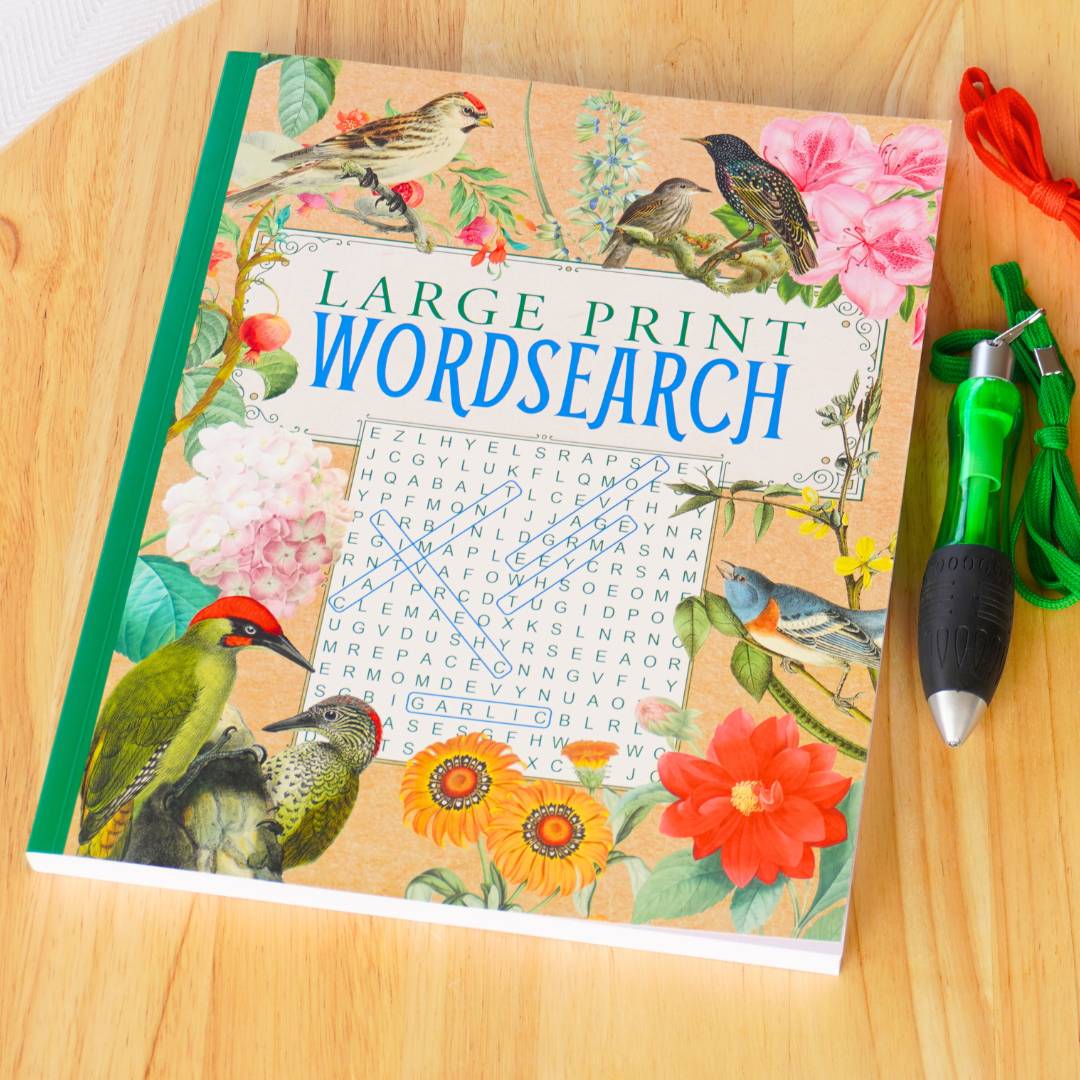 cover of the large print wordsearch with an extra thick pen next to it