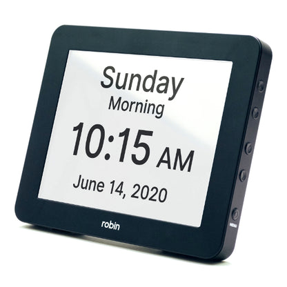 Robin Dementia Day Clock black front view with clear display and large text