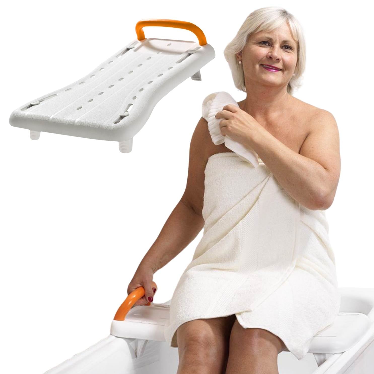 woman sitting on the bath board