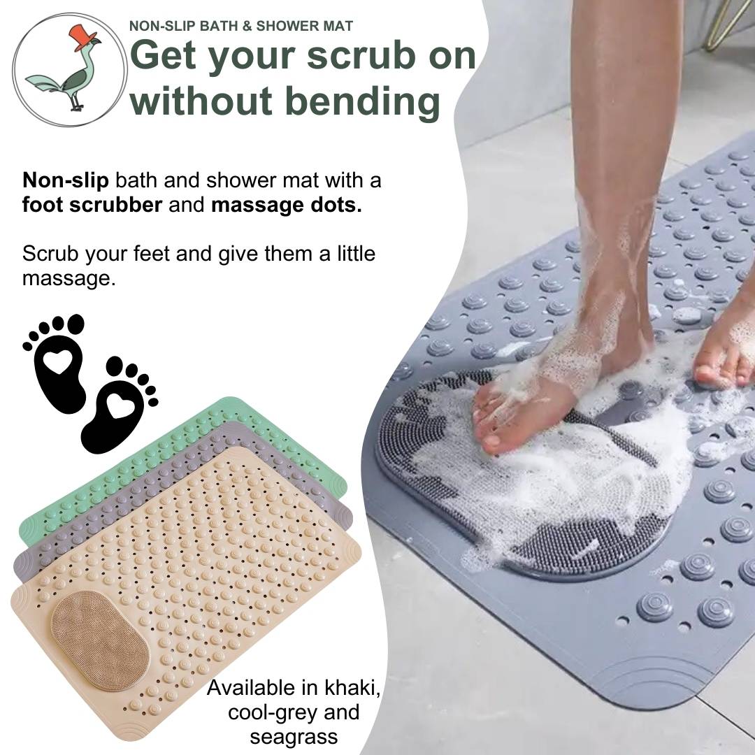 non-slip bath mat and shower mat with foot scrubber to avoid bending down