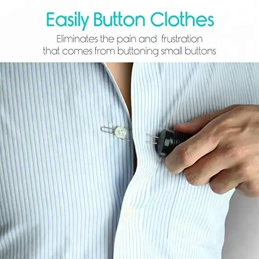 person using button helper to put on a dress shirt