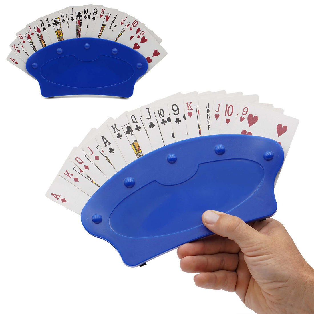 picture of two playing card holders. one is standing and one is being held in a hand