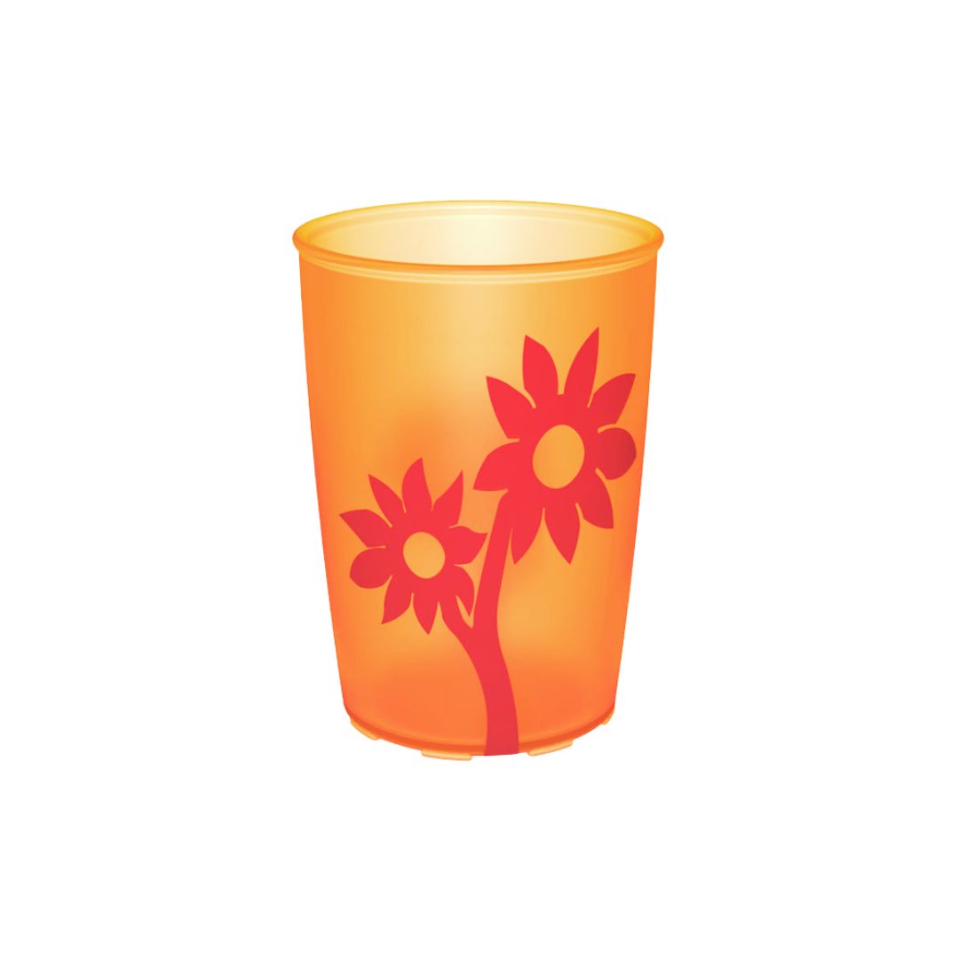 orange plastic cup with red non slip flower motives