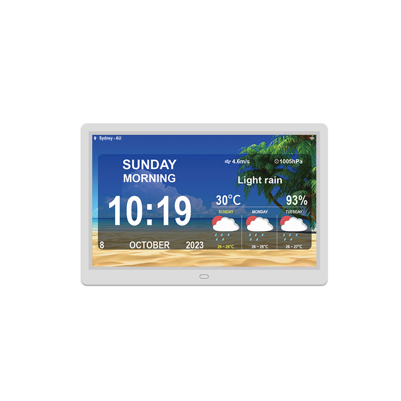 white dementia clock display weather time and date