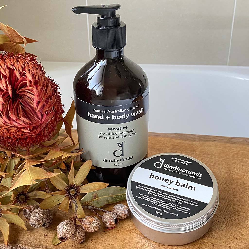 body wash and balm for sensitive skin on board with Australian dried flowers