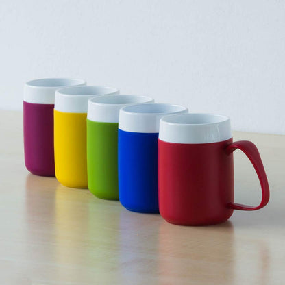 easy hold mugs in blackberry, yellow, green, blue and red