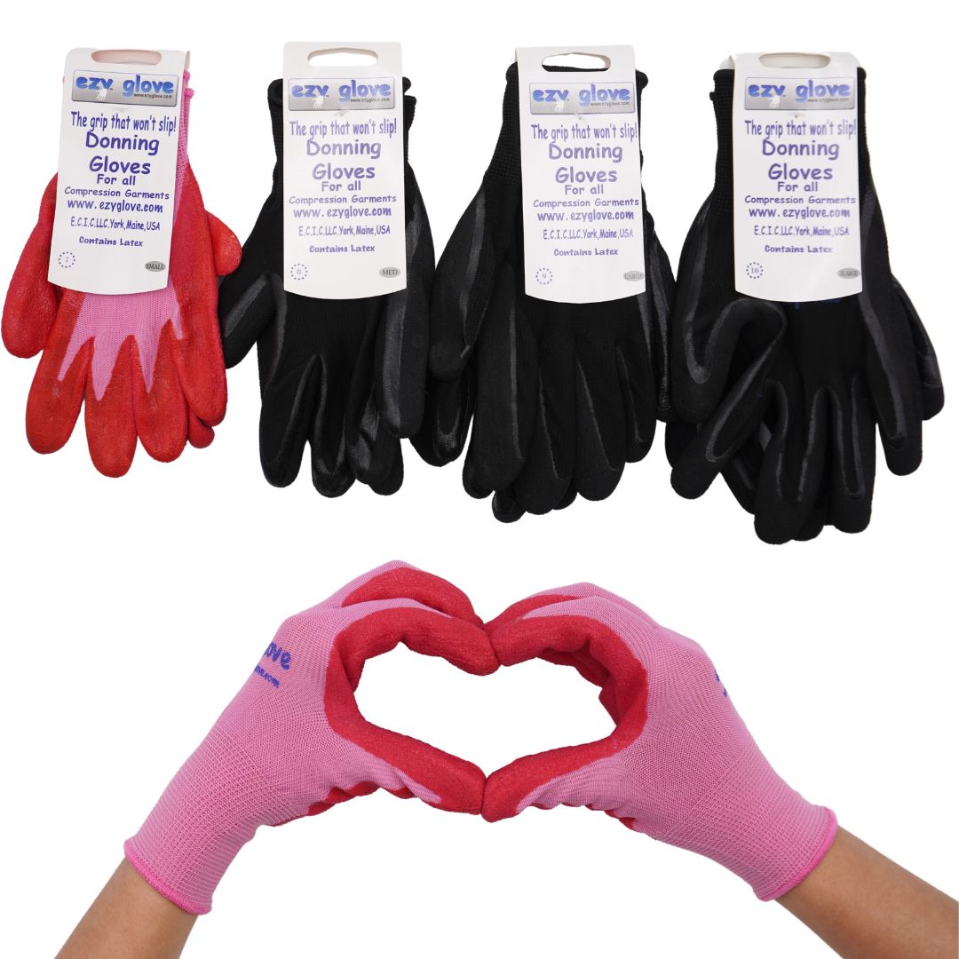 Ezy compression stocking gloves in size small, medium, large and extra large. And small gloves forming a heart