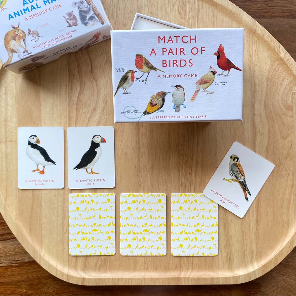 Match a pair of birds memory matching game with cards on display
