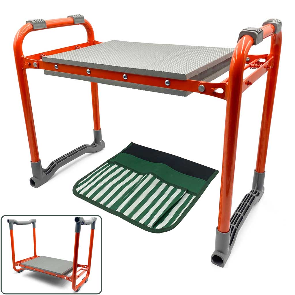 Garden seat kneeler in upright position with attachable pouch
