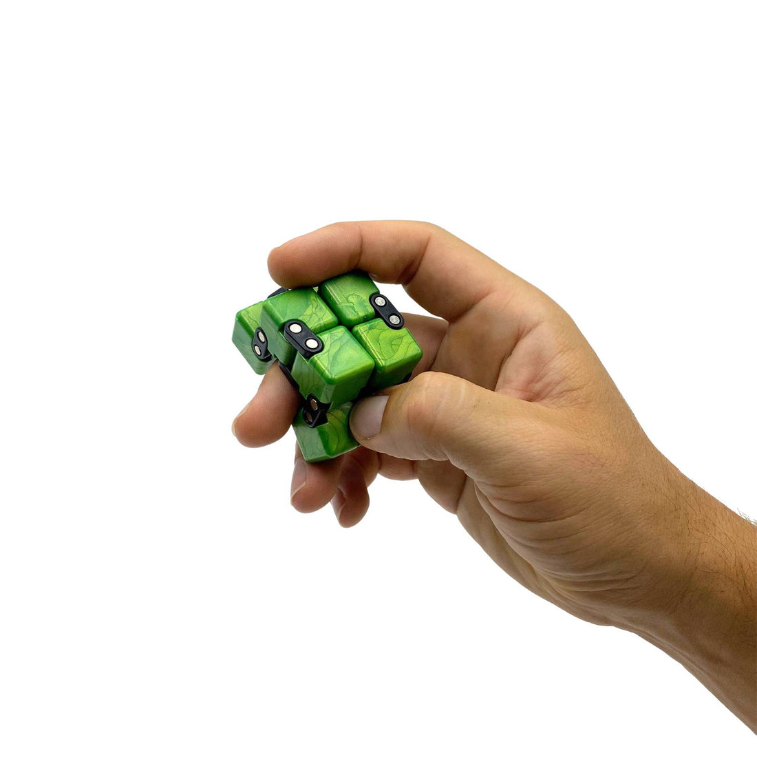 hand holding open green infinite fidget cube