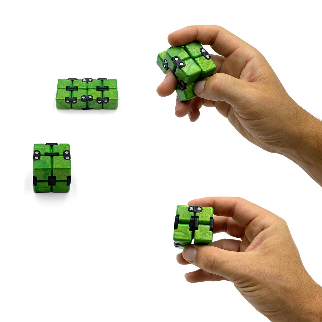 green infinite fidget cube closed, flat and in hands