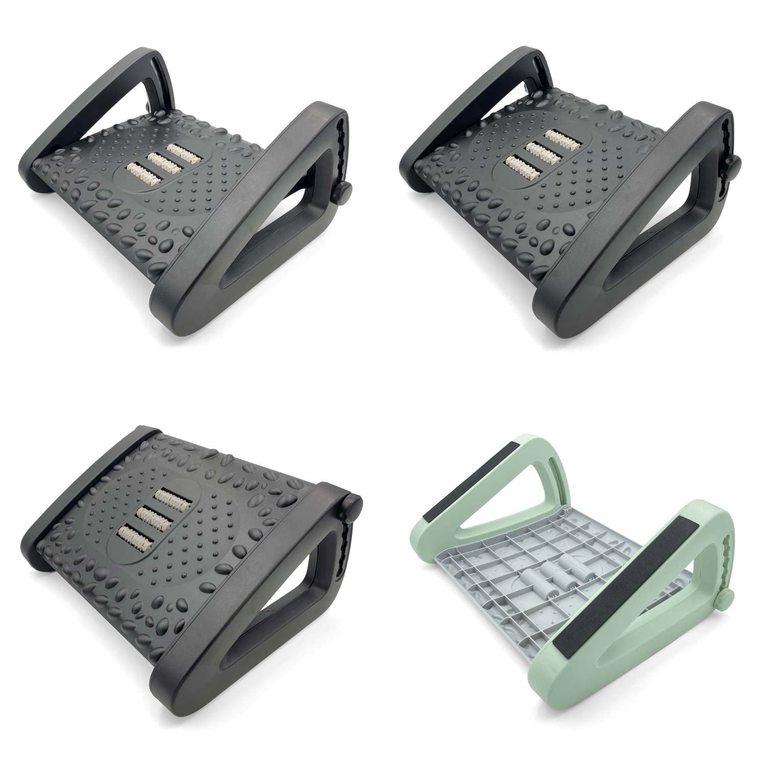 adjustable foot rests black at different adjusted heights and green foot rest showing the non-slip pads underneath