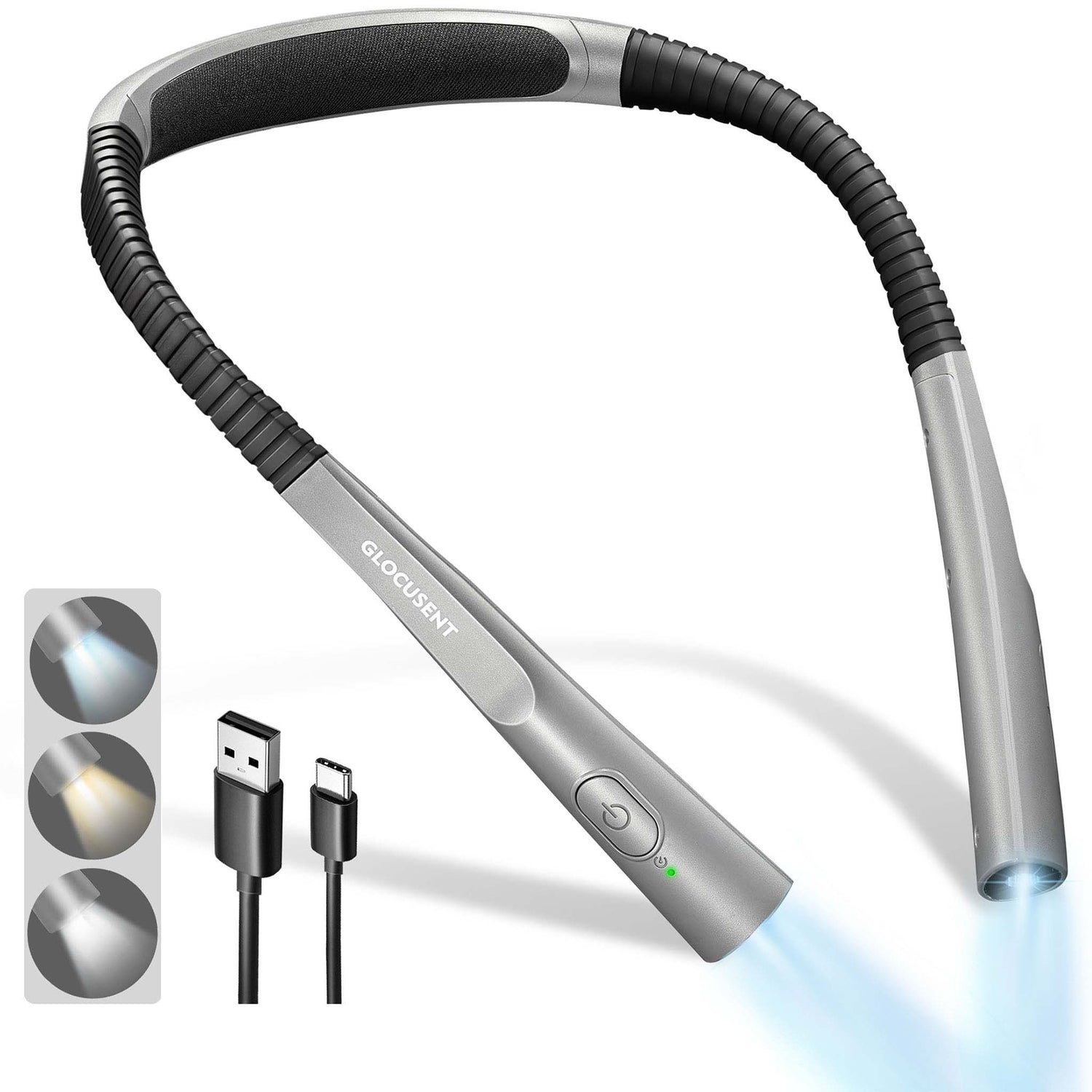 neck reading light in grey with three shades of light shown
