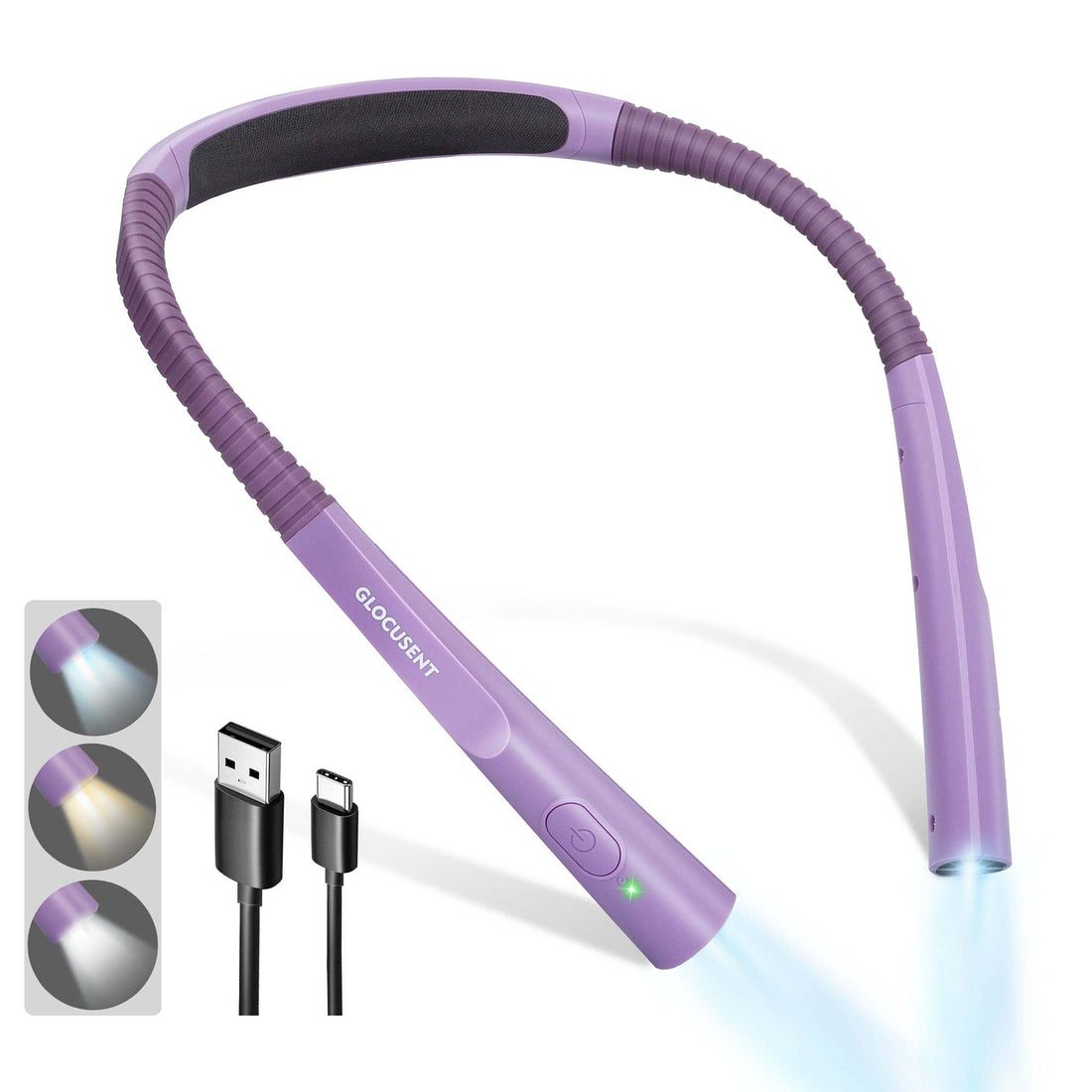 neck reading light in purple with three shades of light shown