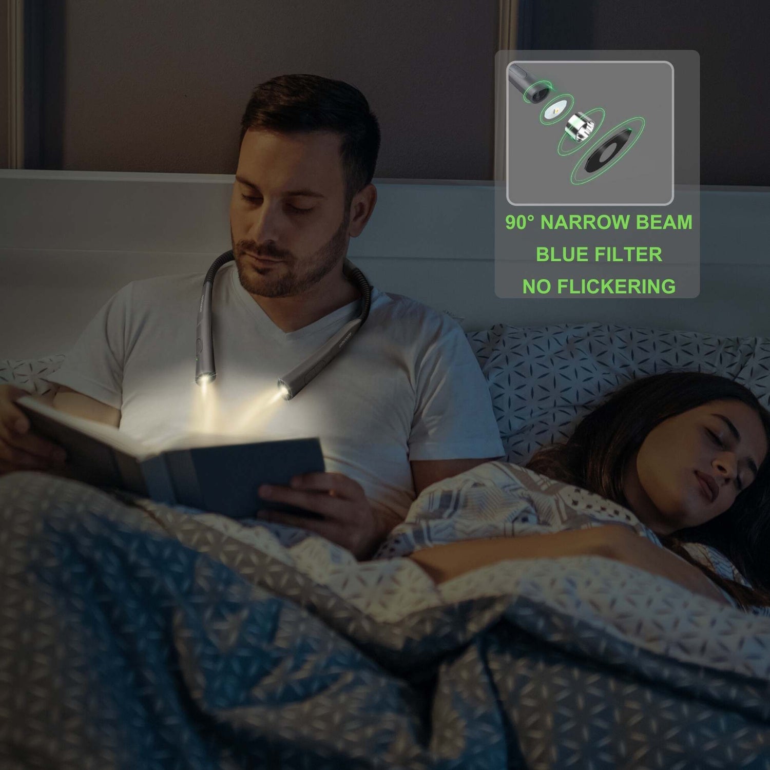 man using the neck light for reading a book while partner is sleeping