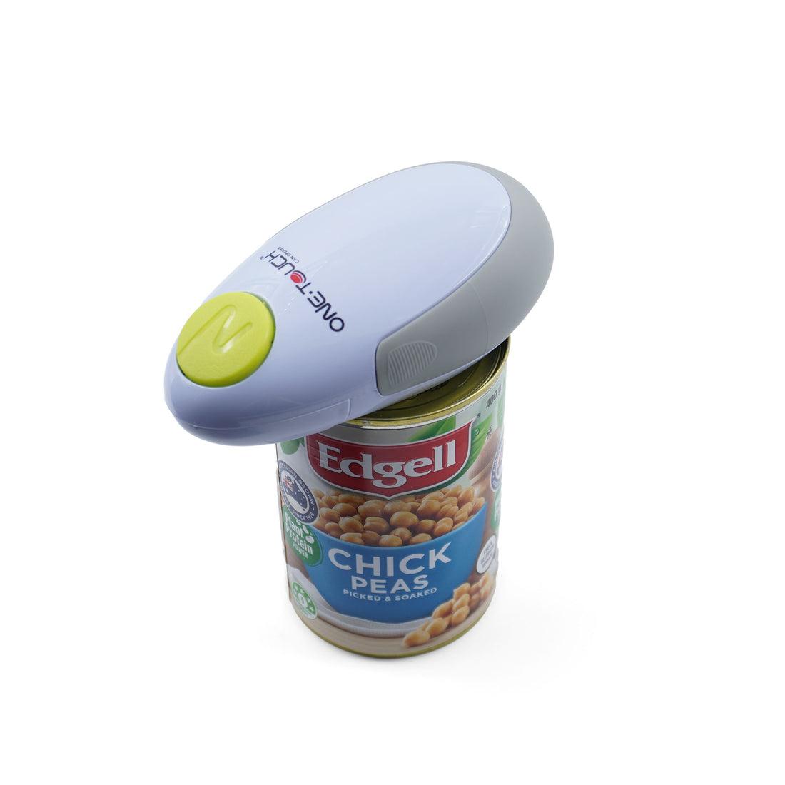 One touch can opener on top of a can of chick peas