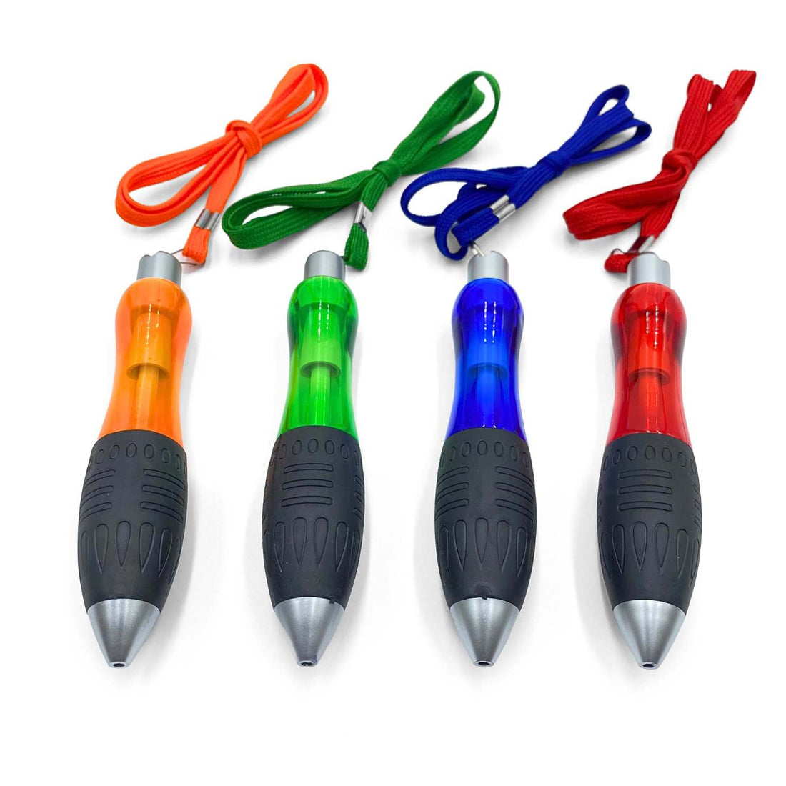 four extra thick pens with lanyards in orange, green, blue, red